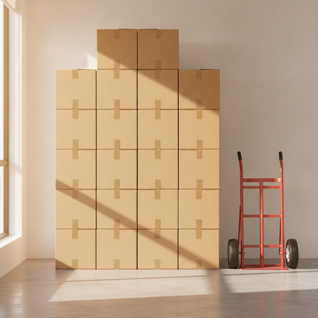Neatly stacked moving boxes with a hand truck in a bright empty room